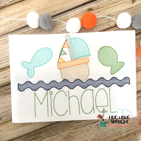 Fish Boat Waves Sketch Stitch Embroidery Design