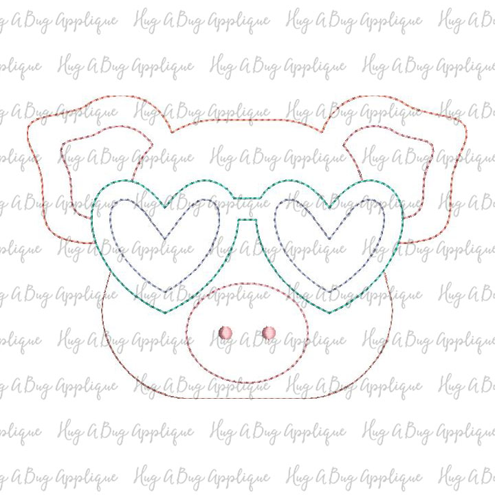 Pug Heart Glasses Bean Stitch Applique