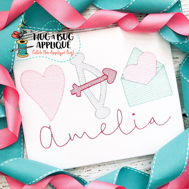 Heart Bow Letter Sketch Stitch Embroidery Design