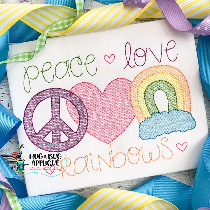 Peace Love Rainbow Sketch Stitch Embroidery Design