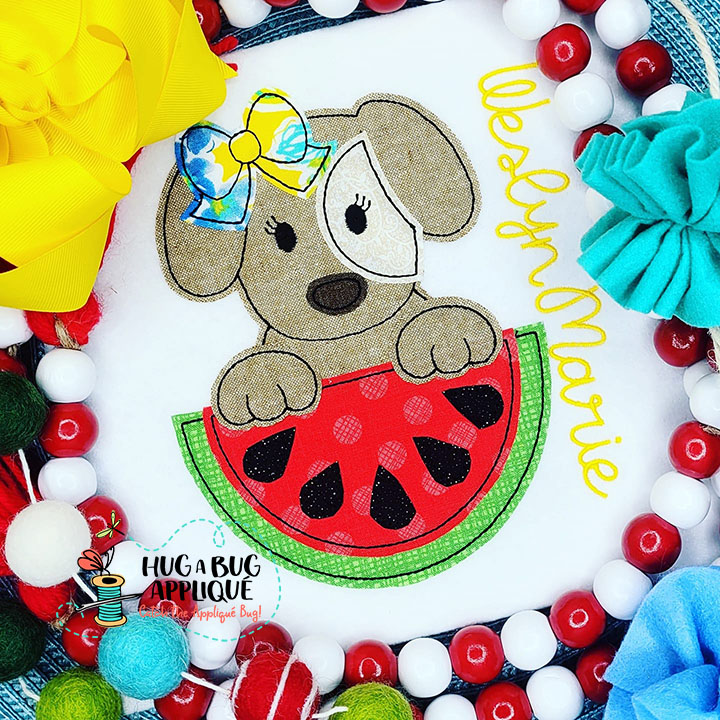 Pup Bow Watermelon Bean Stitch Applique Design