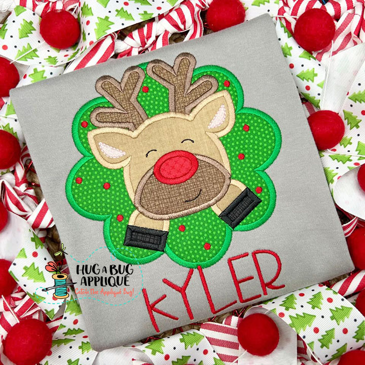 Wreath Reindeer Satin Stitch Applique Design