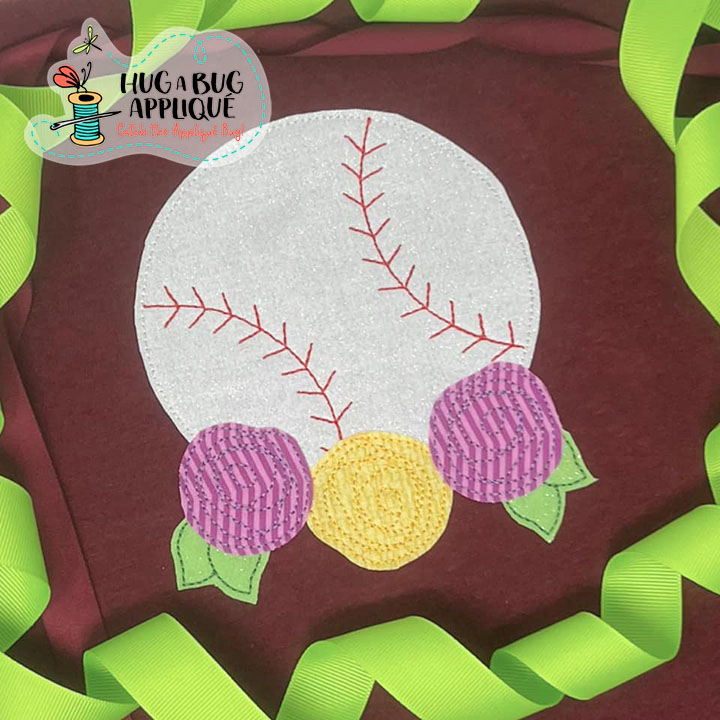 Baseball Flowers Bean Stitch Applique Design