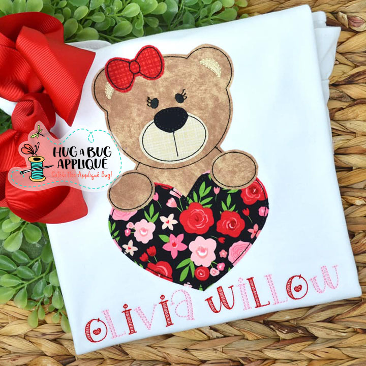 Bear Bow Heart Bean Stitch Applique Design | Hug A Bug Applique