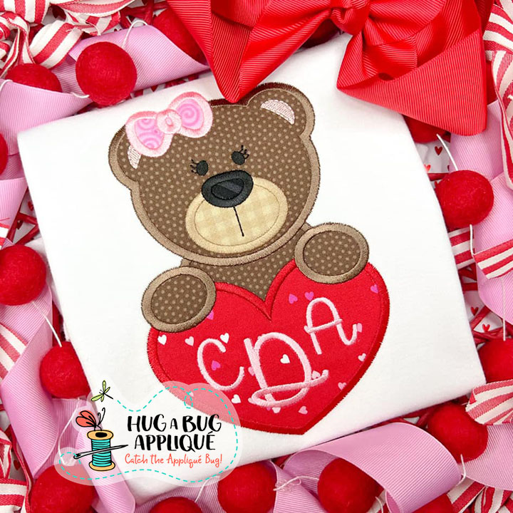Bear Bow Heart Satin Stitch Applique Design