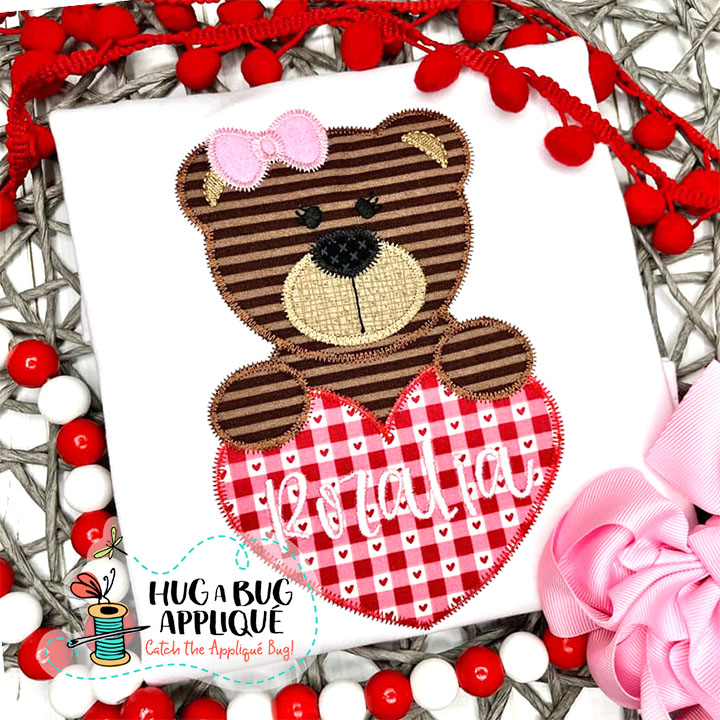 Bear Bow Heart Zig Zag Stitch Applique Design | Hug A Bug Applique