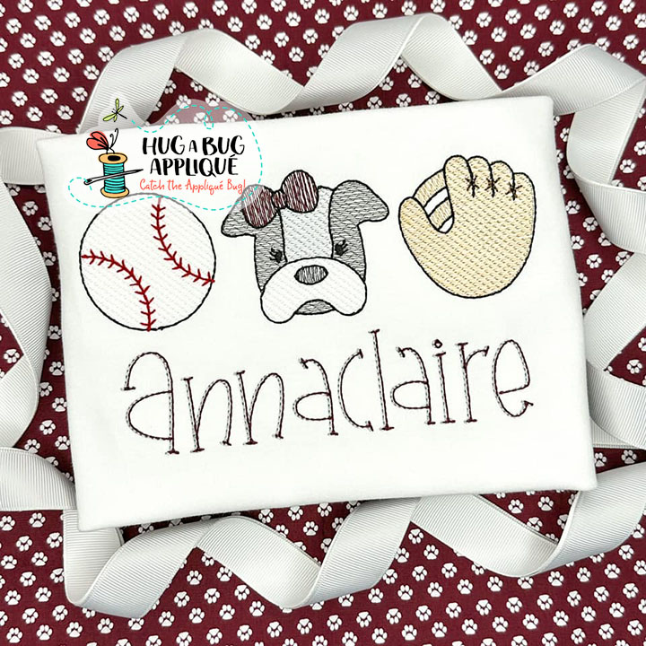 Baseball Bulldog Bow Glove Sketch Stitch Embroidery Design