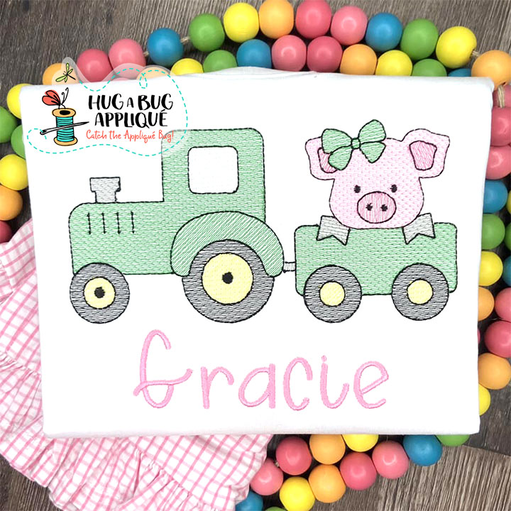 Pig Bow Tractor Sketch Stitch Embroidery Design