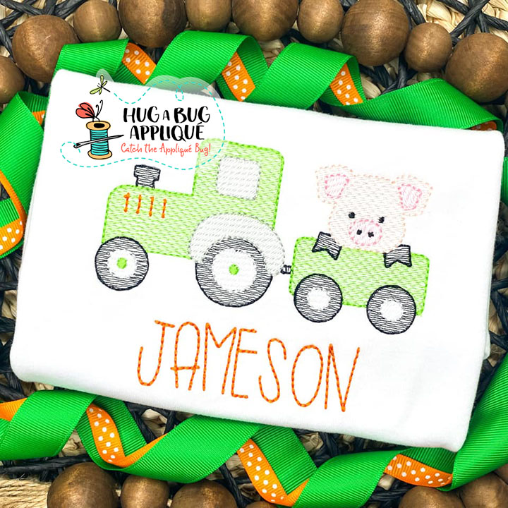 Pig Tractor Sketch Stitch Embroidery Design