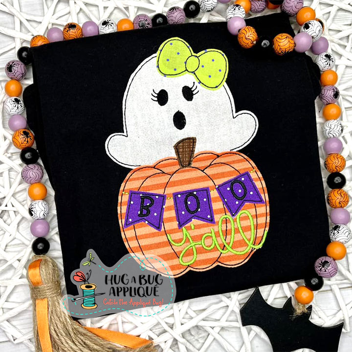 Ghost Bow Pumpkin Boo Y'all Bean Stitch Applique Design