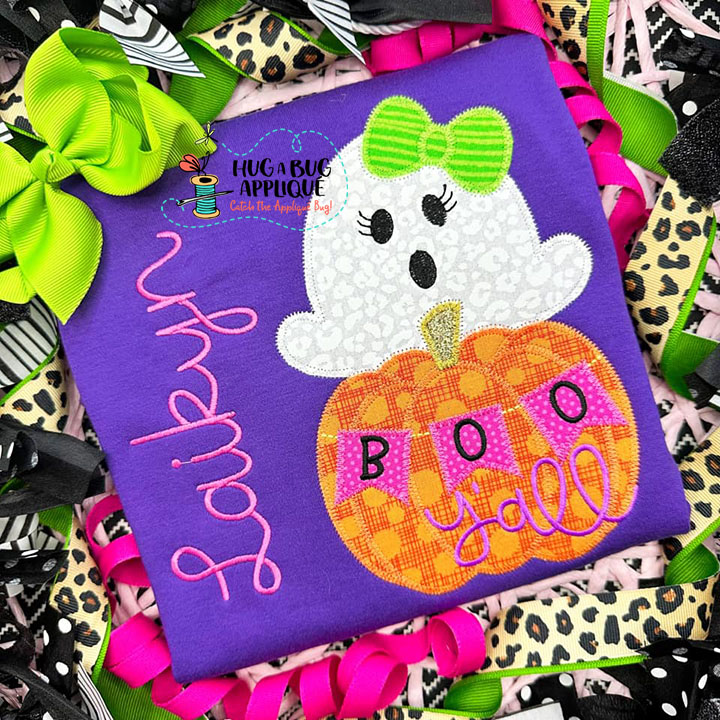 Ghost Bow Pumpkin Boo Y'all Zig Zag Stitch Applique Design