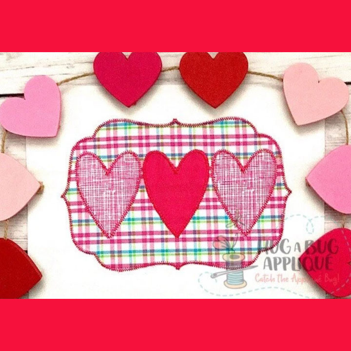 Heart Trio Frame Zig Zag Stitch Applique Design