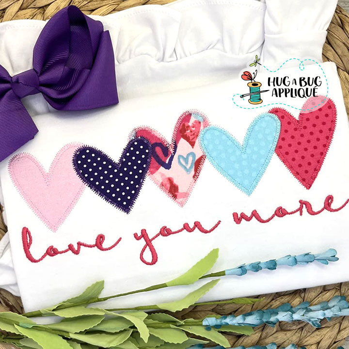 Love You More Hearts Zig Zag Stitch Applique Design