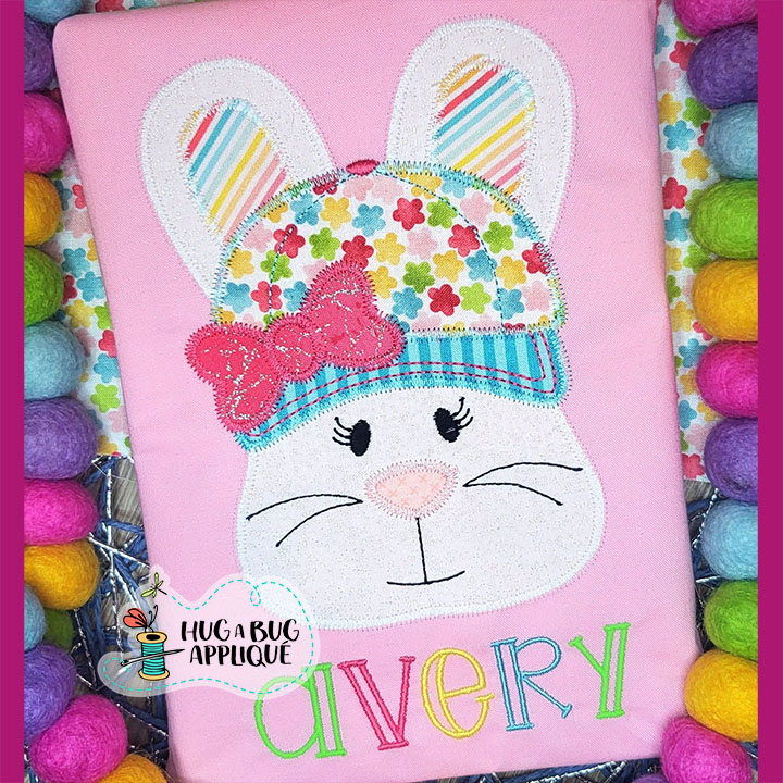 Bunny Cap Bow Zig Zag Stitch Applique Design