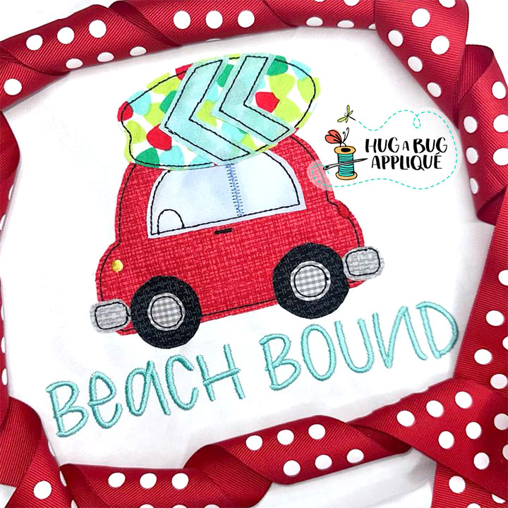 Cute Car Surfboard Bean Stitch Applique Design
