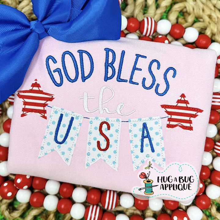 God Bless Stars Banner Bean Stitch Applique Design