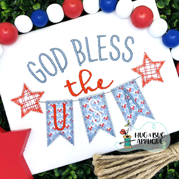 God Bless Stars Banner Zig Zag Stitch Applique Design