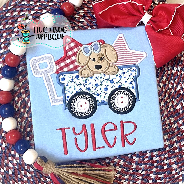 Wagon Pup Bow Stars Satin Stitch Applique Design