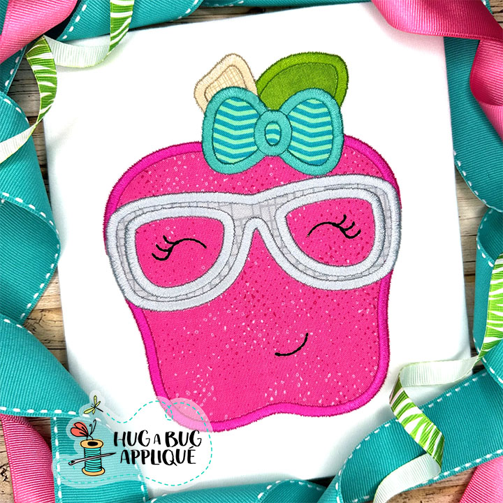 Apple Glasses Bow Satin Stitch Applique Design