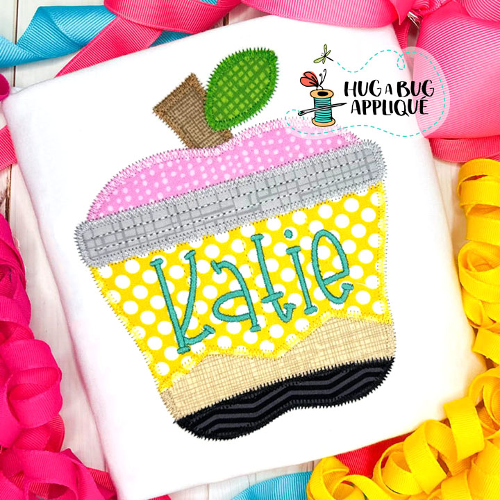 Apple Shaped Pencil Zig Zag Stitch Applique Design