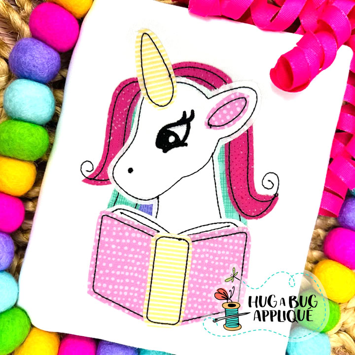 Unicorn Book Bean Stitch Applique Design