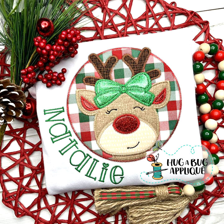 Reindeer Bow Circle Zig Zag Stitch Applique Design