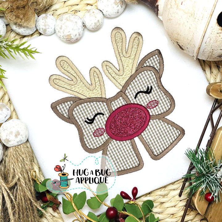 Reindeer Bow Satin Stitch Applique Design