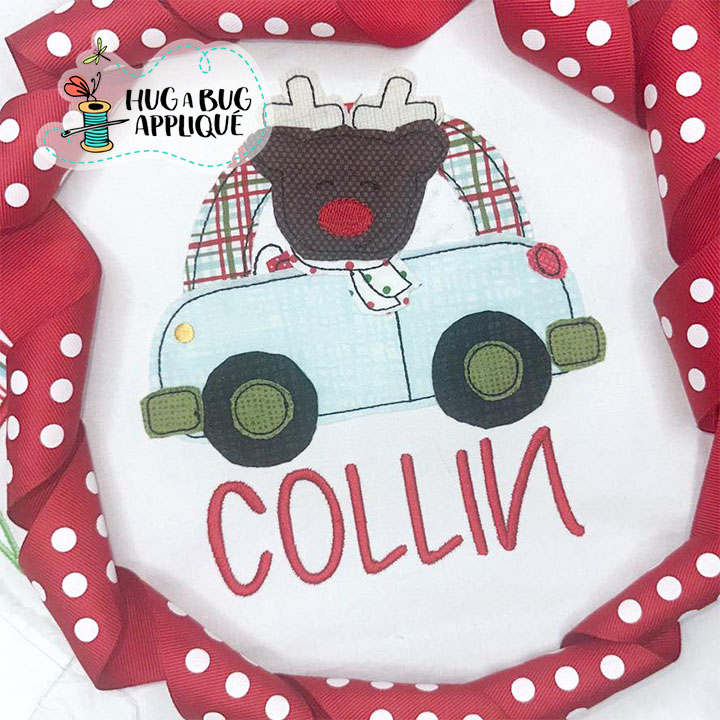 Cute Car Reindeer Bean Stitch Applique Design