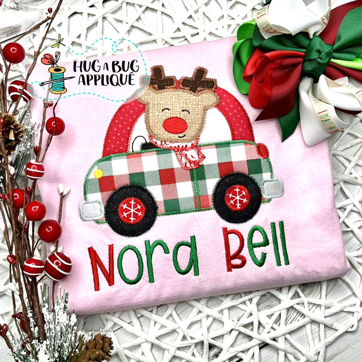 Cute Car Reindeer Zig Zag Stitch Applique Design