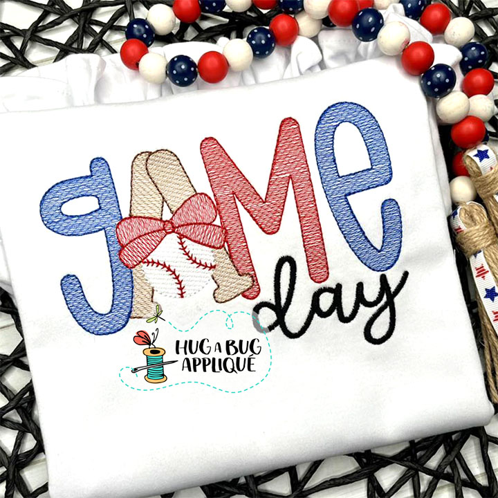 Game Day Baseball Bow Sketch Stitch Embroidery Design