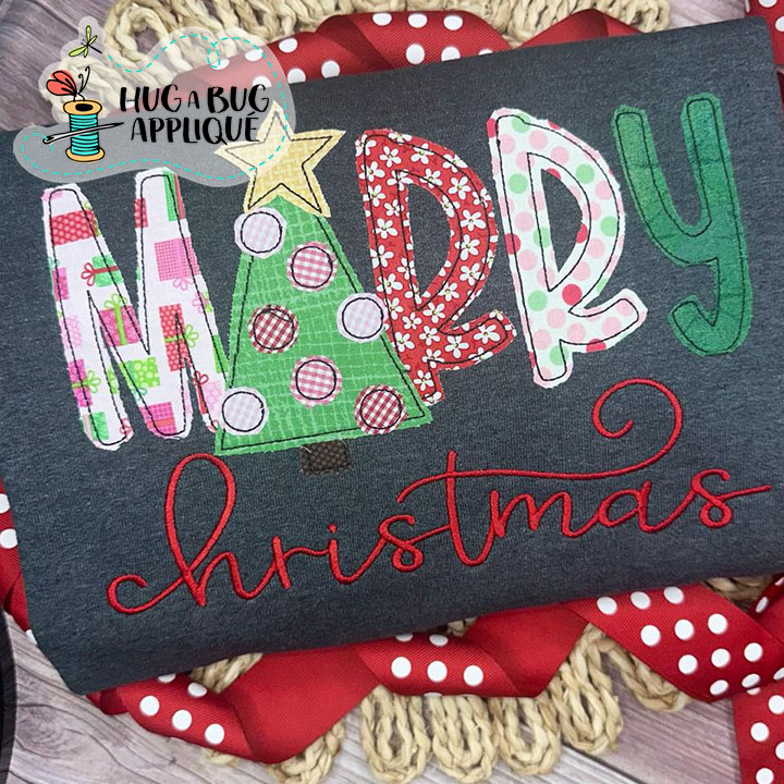 Merry Christmas Tree Bean Stitch Applique Design