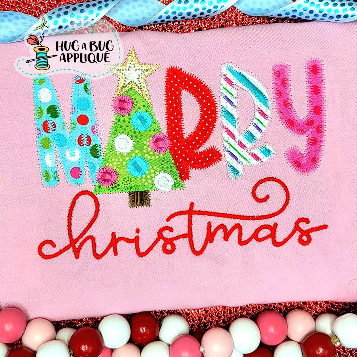 Merry Christmas Tree Zig Zag Stitch Applique Design