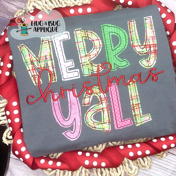 Merry Christmas Yall Bean Stitch Applique Design