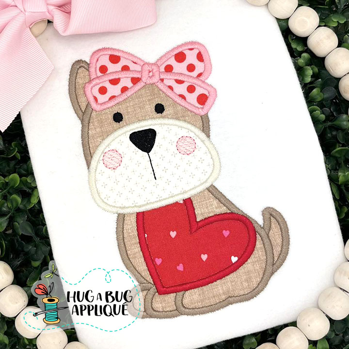 Cute Pup Bow Heart Satin Stitch Applique Design