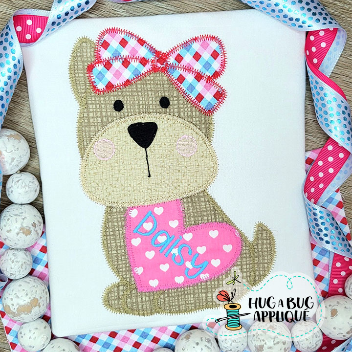 Cute Pup Bow Heart Zig Zag Stitch Applique Design