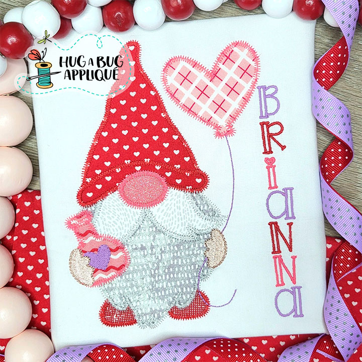 Gnome Heart Balloon Zig Zag Stitch Applique Design