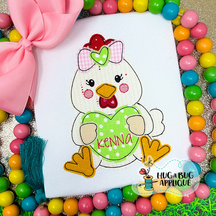 Chicken Bow Holding Heart Bean Stitch Applique Design
