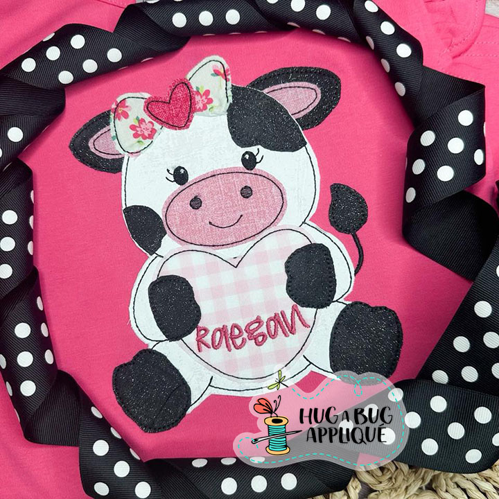 Cow Bow Holding Heart Bean Stitch Applique Design