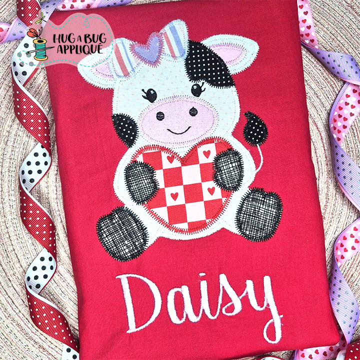 Cow Bow Holding Heart Zig Zag Stitch Applique Design