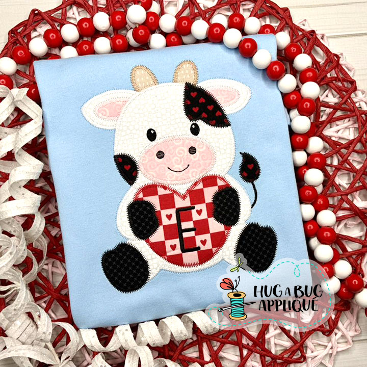 Cow Holding Heart Zig Zag Stitch Applique Design