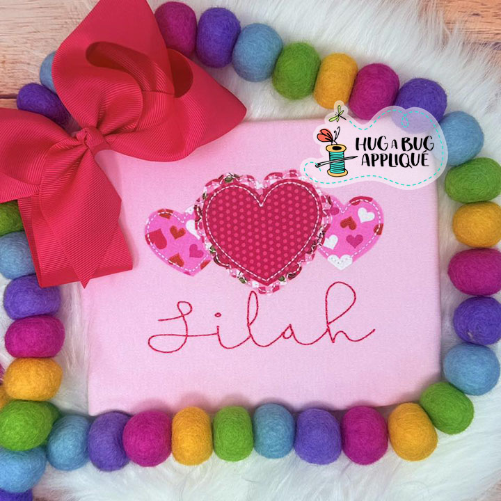 Frilly Heart Trio Bean Stitch Applique Design