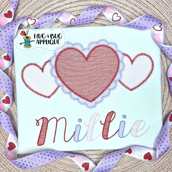 Frilly Heart Trio Sketch Stitch Embroidery Design