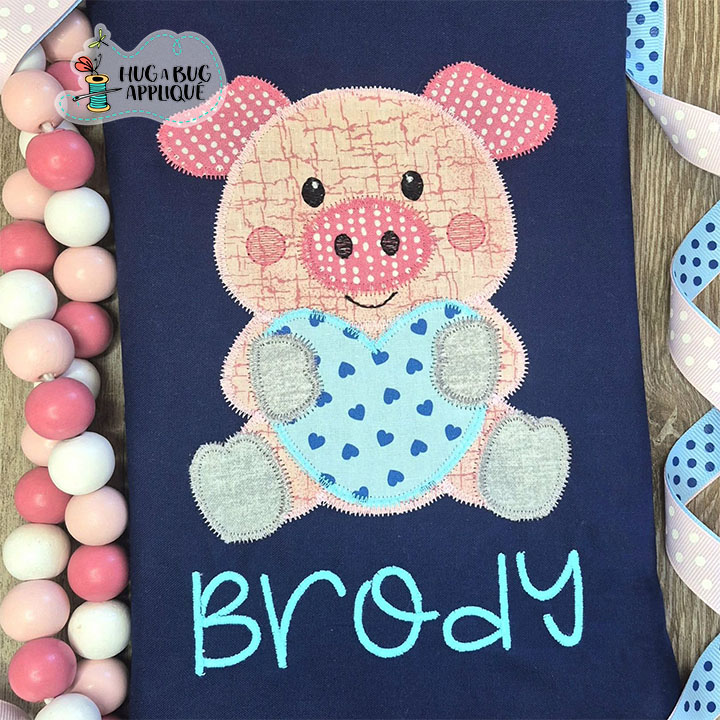 Pig Holding Heart Zig Zag Stitch Applique Design