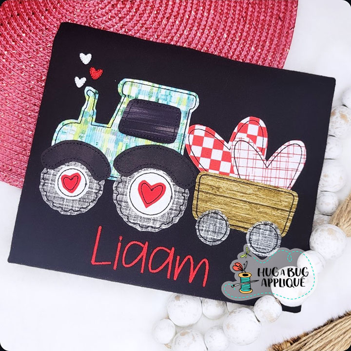Tractor Pulling Hearts Bean Stitch Applique Design