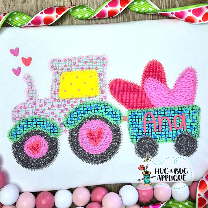 Tractor Pulling Hearts Zig Zag Stitch Applique Design