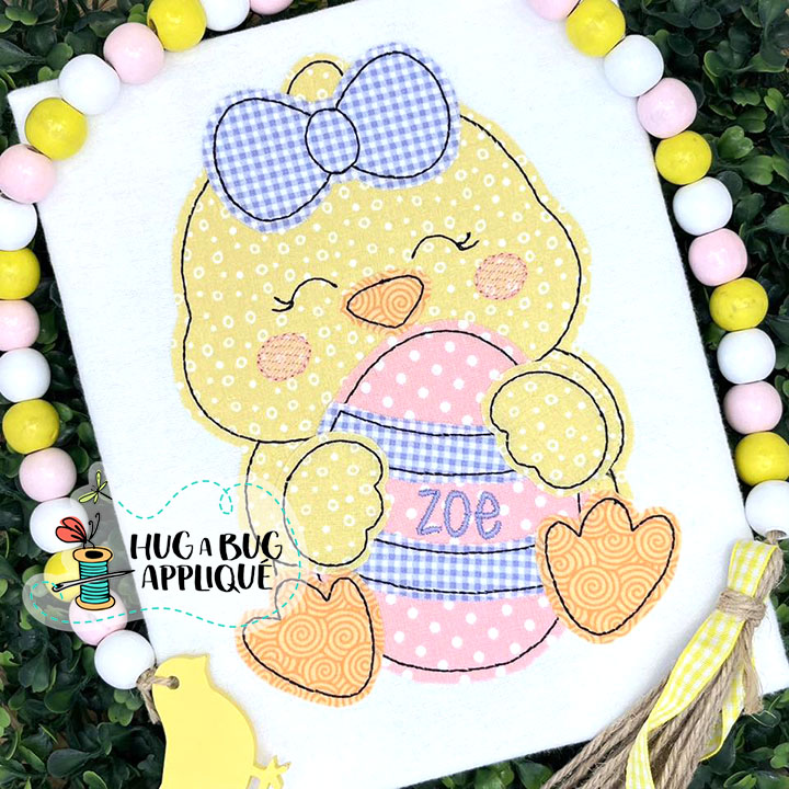 Chick Bow Holding Egg Bean Stitch Applique Design