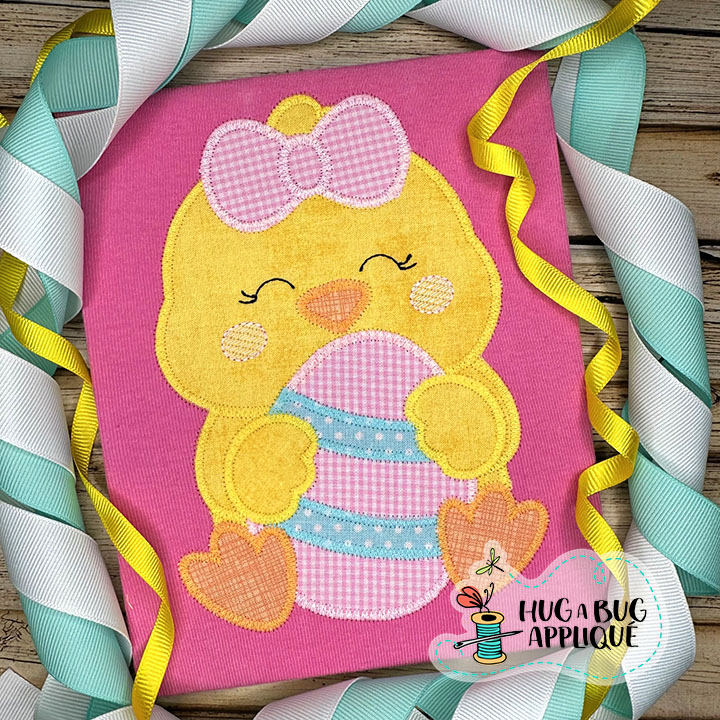 Chick Bow Holding Egg Zig Zag Stitch Applique Design