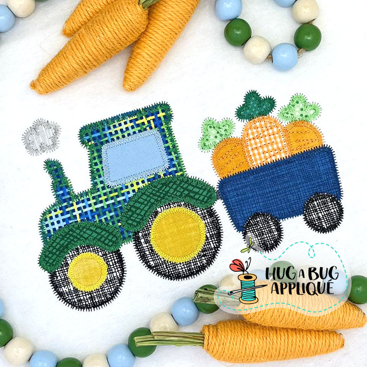 Tractor Pulling Carrots Zig Zag Stitch Applique Design